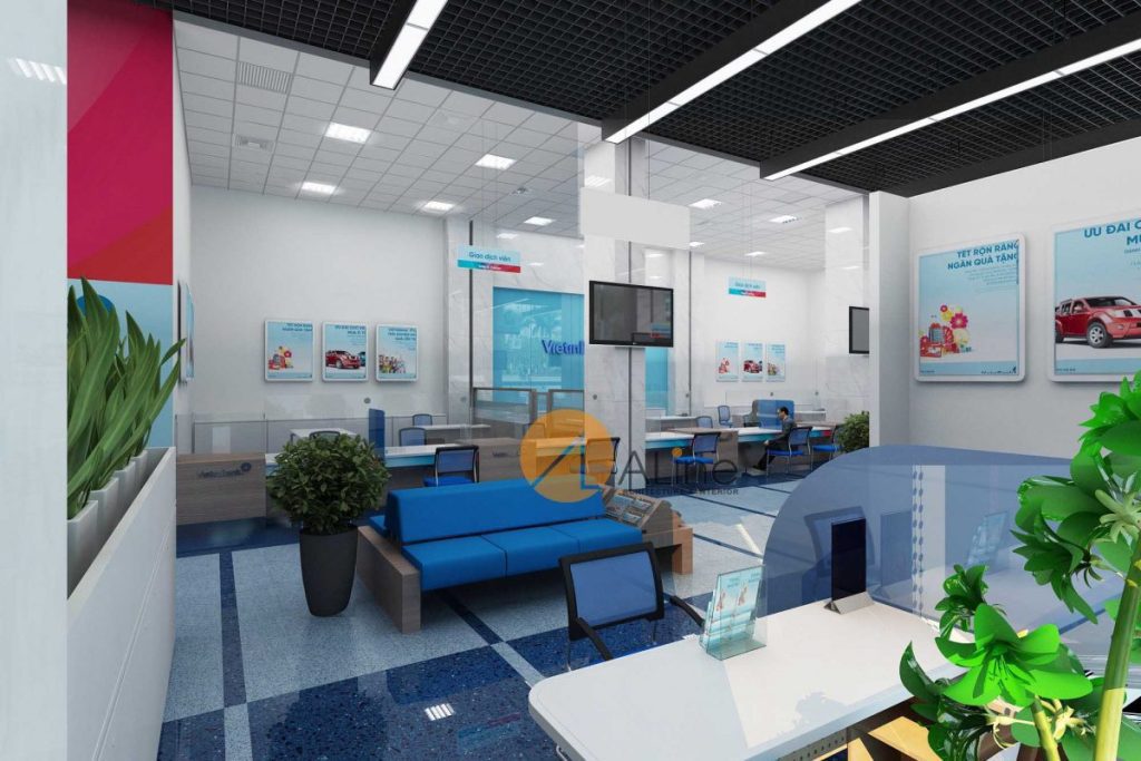 Phòng giao dịch Vietinbank với thiết kế sử dụng màu xanh dương nhận diện thương hiệu của ngân hàng
