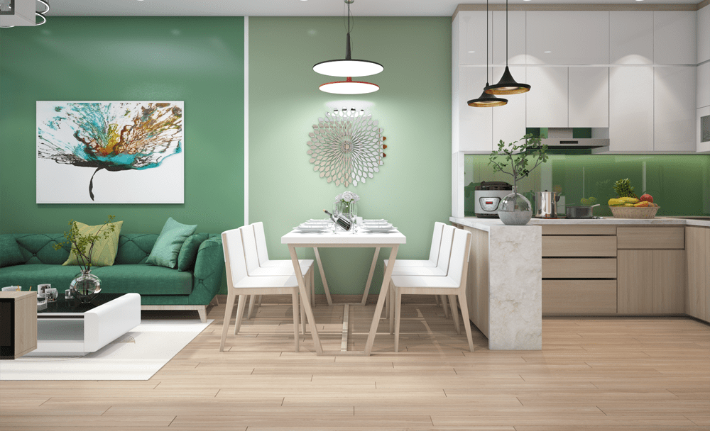 Thiết kế chung cư không gian xanh khu vực bếp và bàn ăn