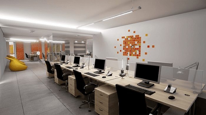 Mẫu thiết kế văn phòng nhỏ gọn 30m2 theo dãy bàn dài